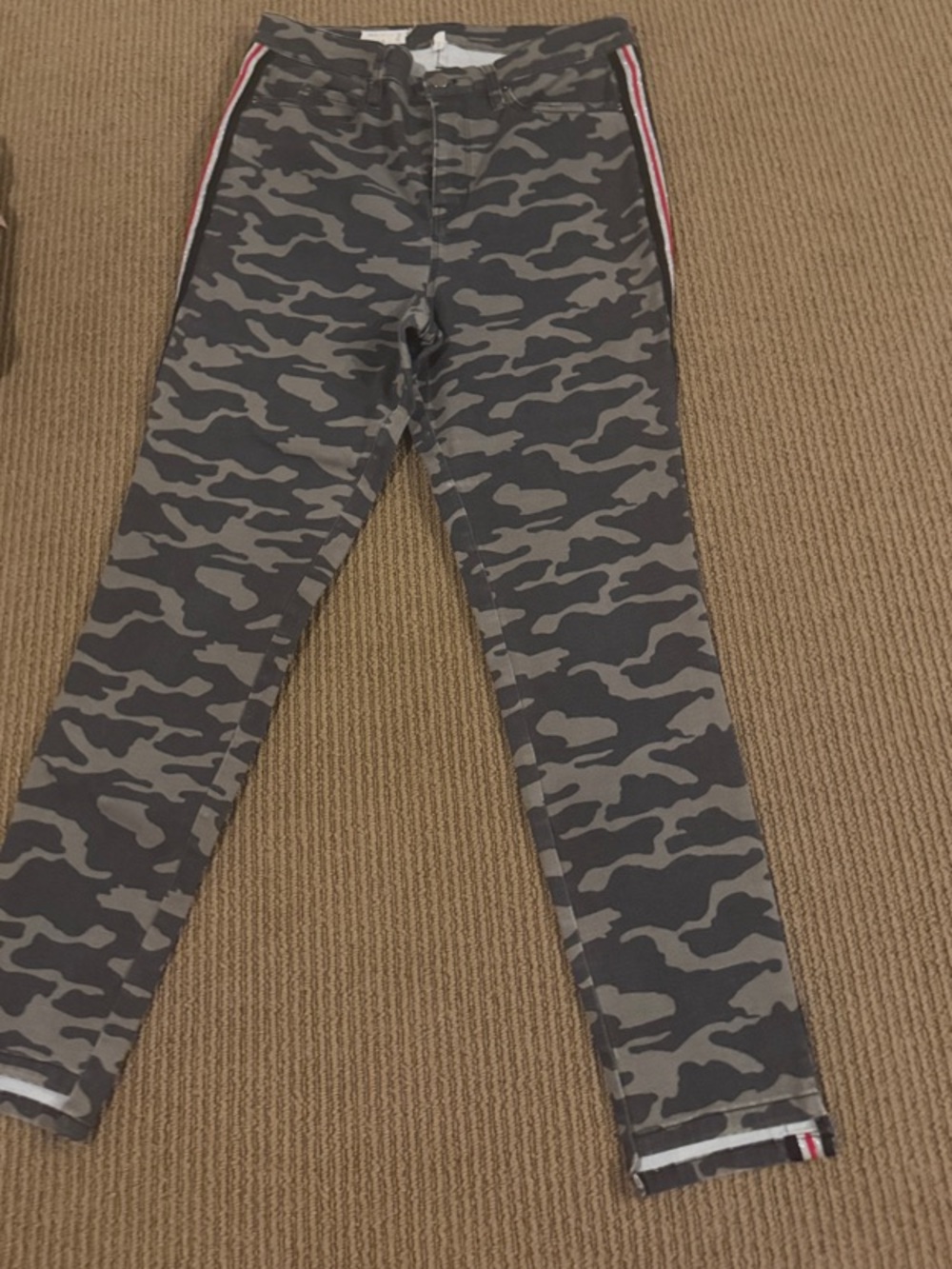 Nicole Miller Atelier Camo pants with Red-Silver-Navy Side Stripe